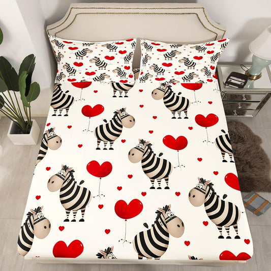 Feelyou Boys Girls Valentine's Day Bedding Set Full Size, Zebra Bed Sheet Set Love Heart Fitted Sheet Kids Romantic Teens Bed Cover Bedroom Decor 3Pcs (No TOP Sheet)