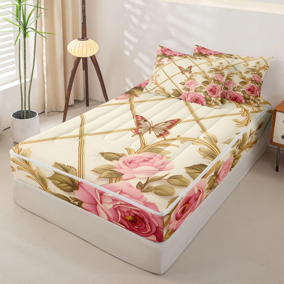 Erosebridal Victorian Rose Zip Up Comforter Set Butterflies Twin Zipper Bedding Gold Trim Print Bed Set with Sheets Romantic Floral Bed in a Bag Bedroom Decor