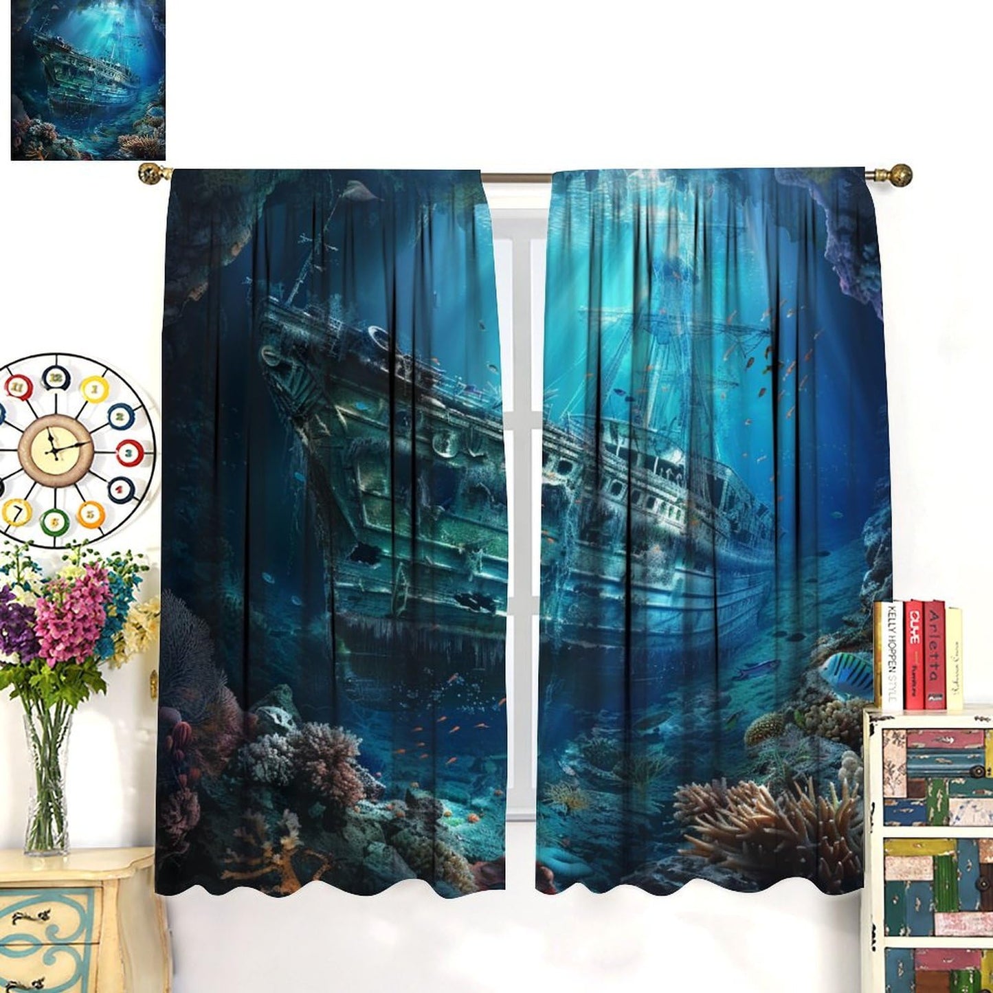 TOWINSFB Ocean Coral Sunken Ship Blackout Curtains for Living Room Bedroom, Retro Undersea World Shipwreck Window Curtains Rod Pocket Thermal Insulated Window Drapes, 2 Panels, Each 21W x 45L