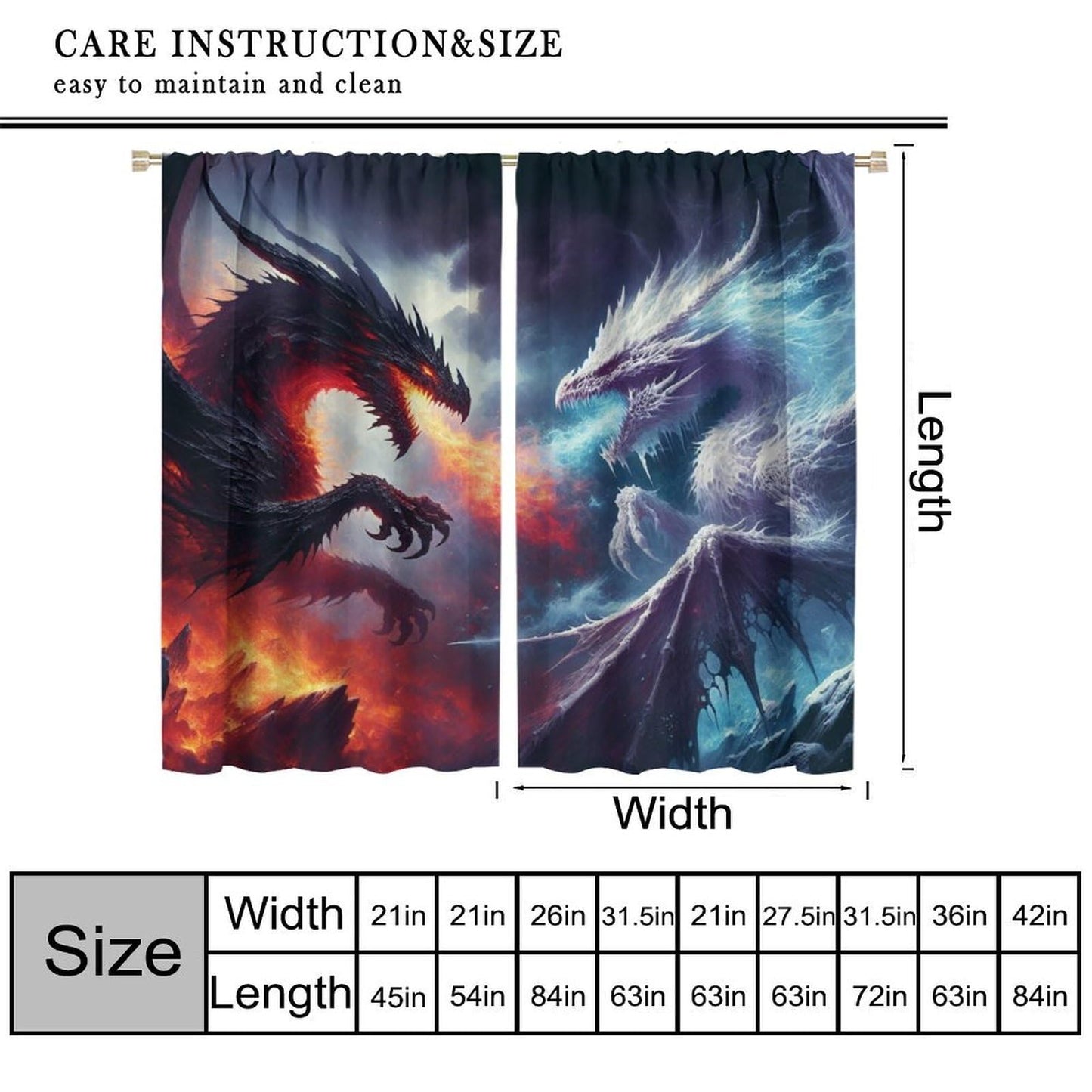 Dragon Blackout Curtains, Fire and Ice Fantasy Blue Red Dragon Home Decor for Boys Girls Teen Bedroom Living Room Kitchen Window Treatment 2 Panels Set Total Size 42" W X 63" L Inch