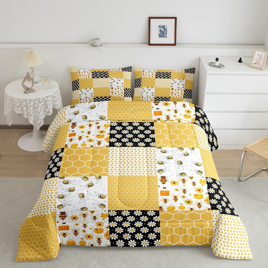 Feelyou Bee Comforter Set Queen Size Bee Honeycomb Daisy Bedding Set for Kids Boys Girls Garden Floral Decor Comforter Microfiber Buffalo Check Plaid Duvet Set