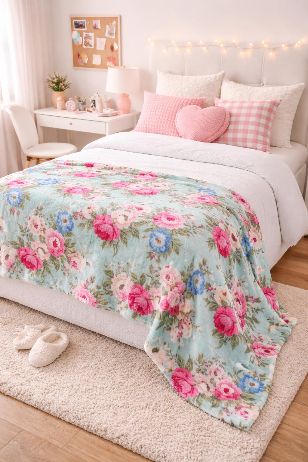 Serafina Home Spring Velvet Fleece Floral Throw Blanket: Rose Garden of Pink Blue Green Flowers on a Colorful Soft Cozy Aqua Design, Oversized 50" x 70"