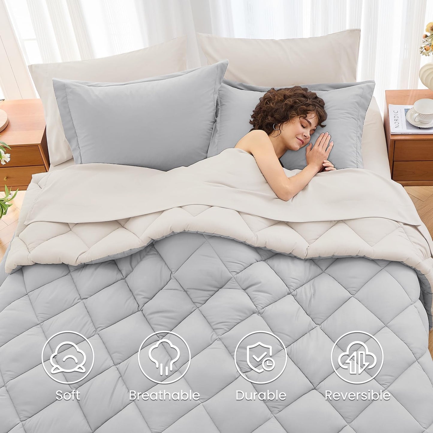 MUXHOMO 7 Pieces California King Comforter Set, Reversible Bed in a Bag Cal King Size, All Season Bedding Set with Comforter, Flat Sheet, Fitted Sheet, Pillowcases & Shams, Light Grey & Beige
