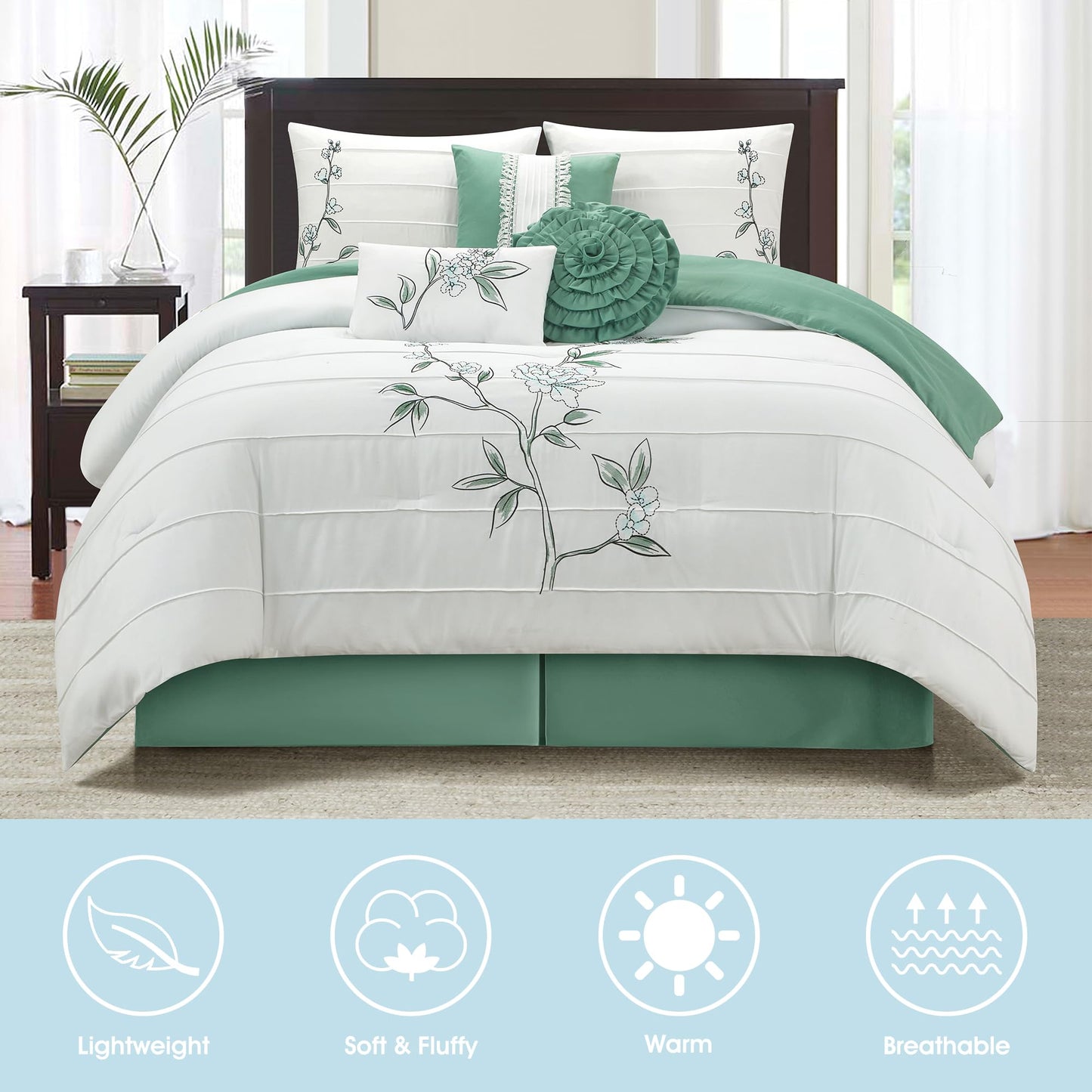 LANCO MODERN LIFESTYLE 7 Piece California King Comforter Set, Green White, Floral Embroidery, Microfiber Pleating Bedding Set for All Seasons with Comforter, Bed Skirt, Pillow Shams and Decor Pillows