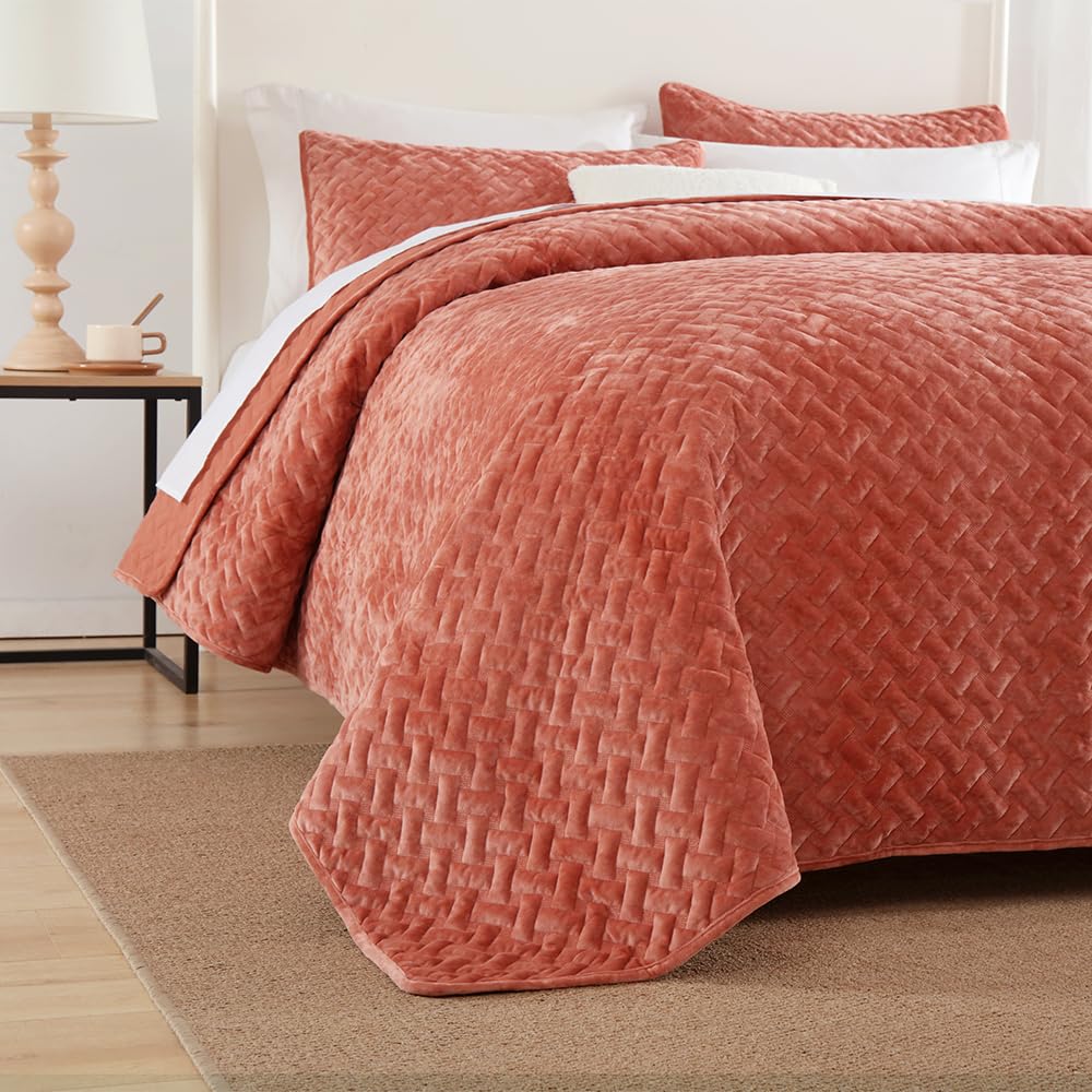 Liians Velvet Bedspread Quilt Bedding Sets,Luxury Elegant Ultra Soft Velvet Comforters Coverlet Blankets,Weave Stitching Pattern Cotton Quilted Bedspread for All Seasons,Orange,King Size