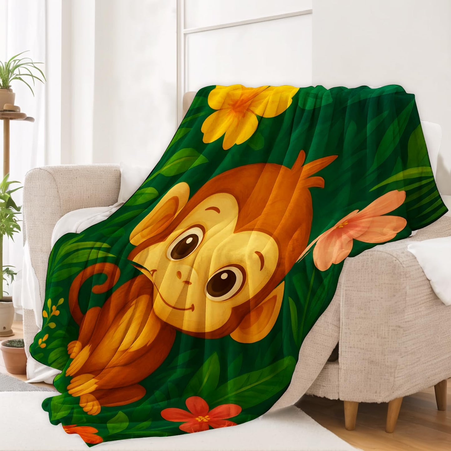 Playful Monkey Blanket Soft Lightweight Flannel Throw Blanket for Living Room Bedding Travel Home Decor Cozy 50x60 Inch Blankets Gifts for Adults Kids Women Men