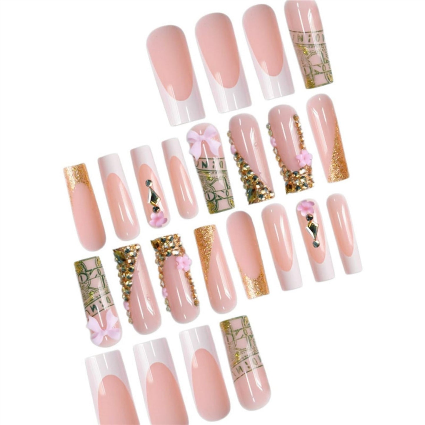 Long Press on Nails Square Fake Nails Extra Long Artificial Nail Rhinestones and Pink Bow Designs Stick on Nail for Women 24pcs