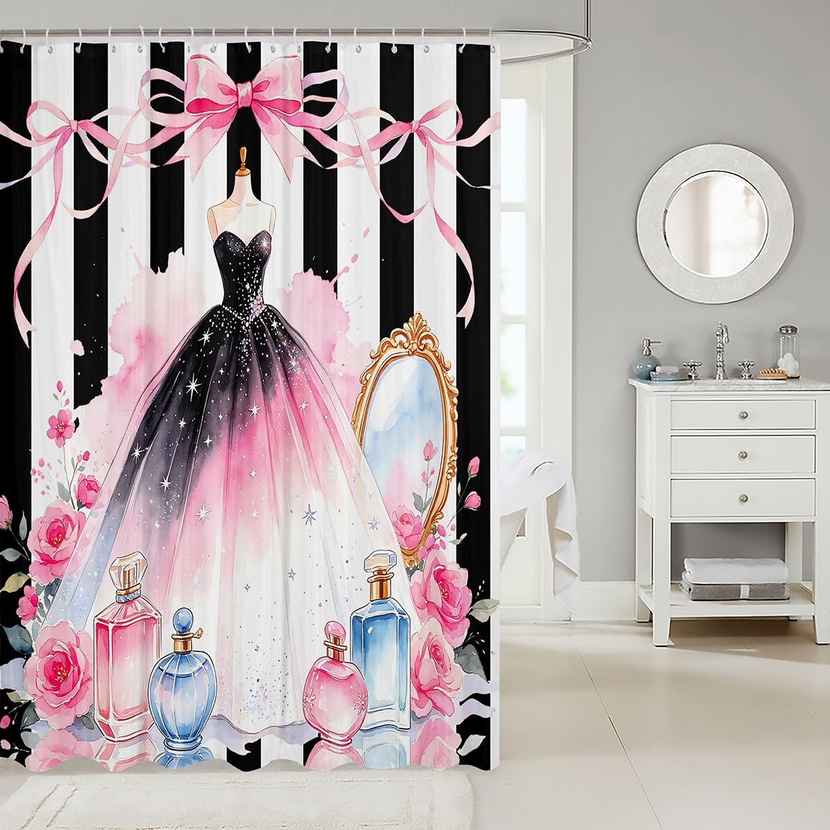 Feelyou Dress Shower Curtains Black Pink White Bathroom Curtain for Kids Women Men Perfume Bathroom Accessories High-Heeled Shoes Waterproof Polyester Fabric for Stalls Bathtubs 72"x72"