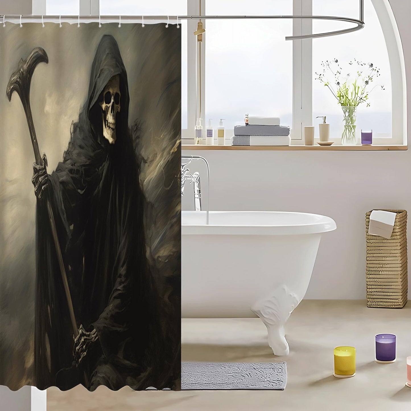 ZROLUW Skeleton Black Ghost 3D Shower Curtains 36" W x 72" L Gothic Skull Printed Waterproof Bathroom Curtain Fabric with Hook
