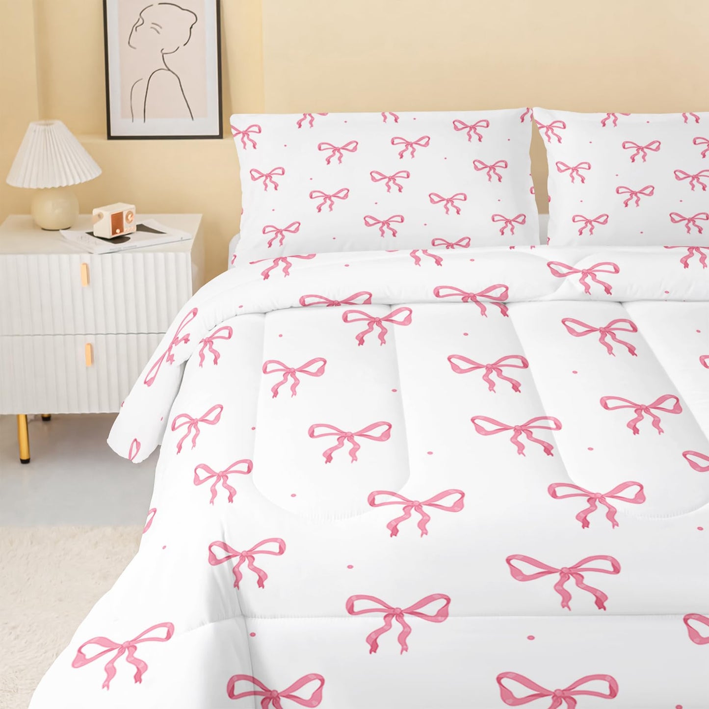QOOMO 3Pcs Bow Comforter Set Twin,Pink Bow Bedding Set for Teens Boys Girls,Bowknot Printed Comforter with 2 Pillowcases,Down Alternative,Soft and Lightweight