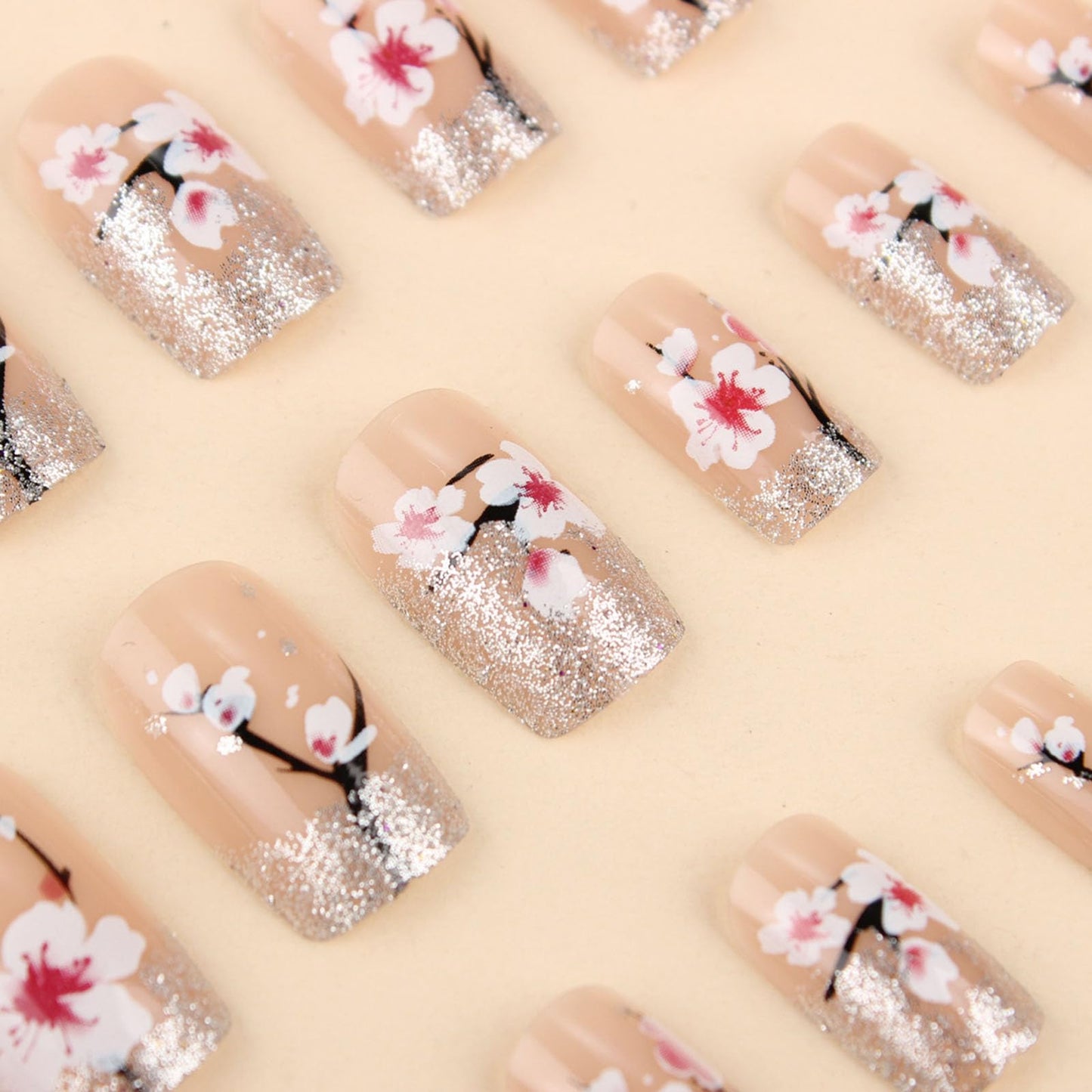 Medium Press on Nails Square Fake Nails with Nude Pink Peach Silver Glitter Designs Acrylic Glue on Nails Press ons Flower Glossy Full Cover Stick on Nails for Women 24 Pcs
