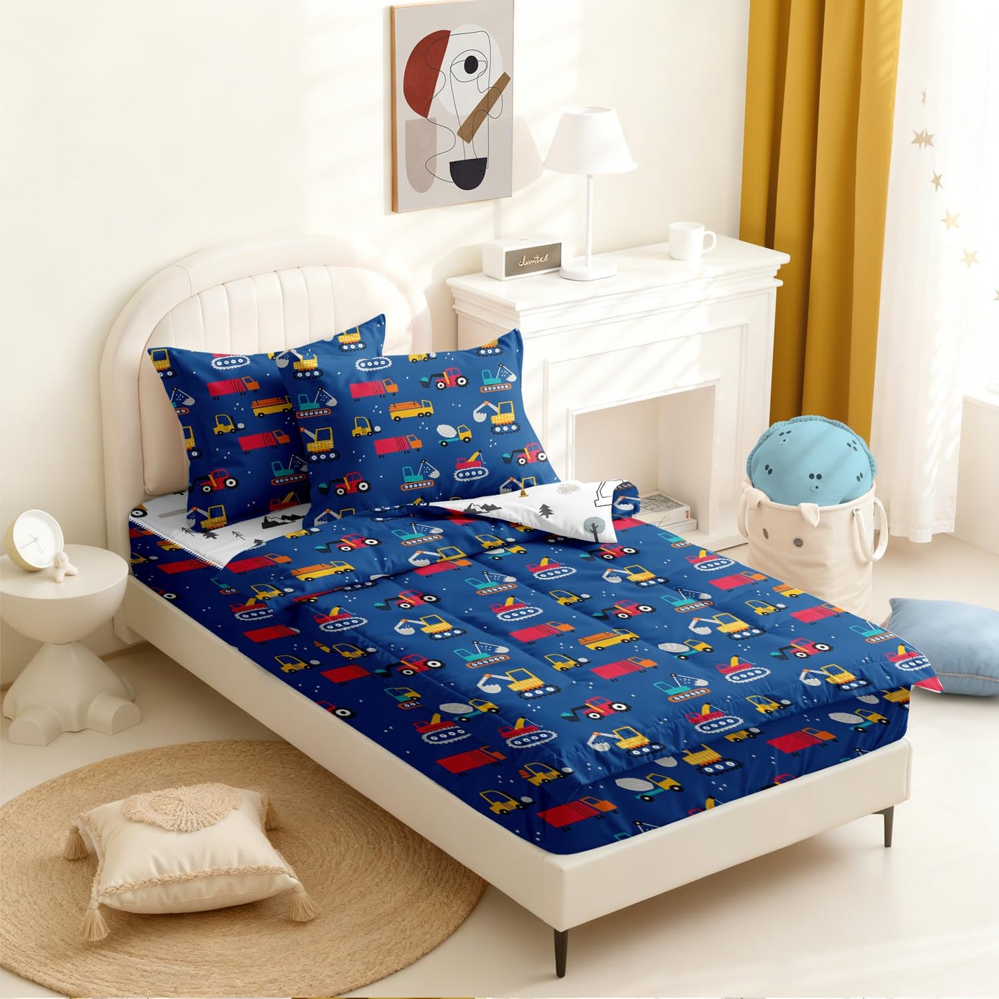 Yadangxiawa Kids Comforter Set,Zipper Bedding Twin for Boys,Construction Printed Comforter Set with Truck Fitted Sheets and Pillowcases for All Season(Construction Twin)
