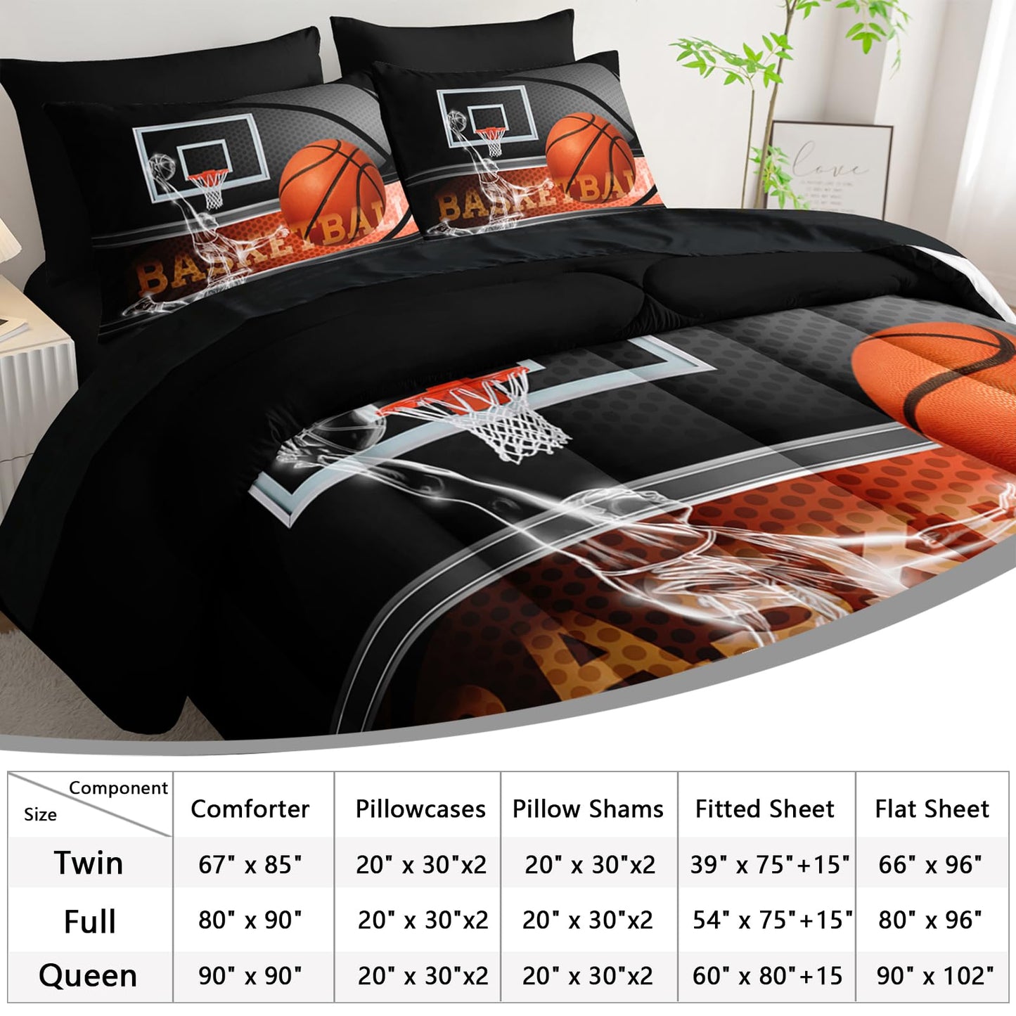 AILONEN 3D Basketball Sports Comforter Set Queen Size,7-Piece Sport Basketball Player Bed in a Bag,Comforter & Fitted Sheet with Flat Sheet & 2 Pillowcases,2 Pillow Cases for Bedroom,Soft Microfiber