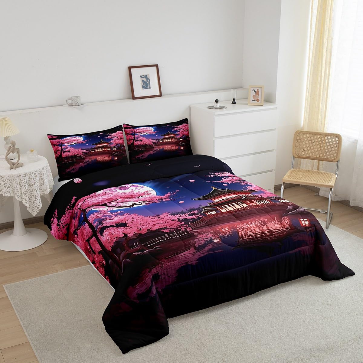 Pink Cherry Blossoms Comforter Set Full Size,Japanese Style Building View Bedding Set for Kids Girls Women Men Bedroom Decor,Night Moon Quilt Set Romantic Exotic Duvet Insert,2 Pillowcases