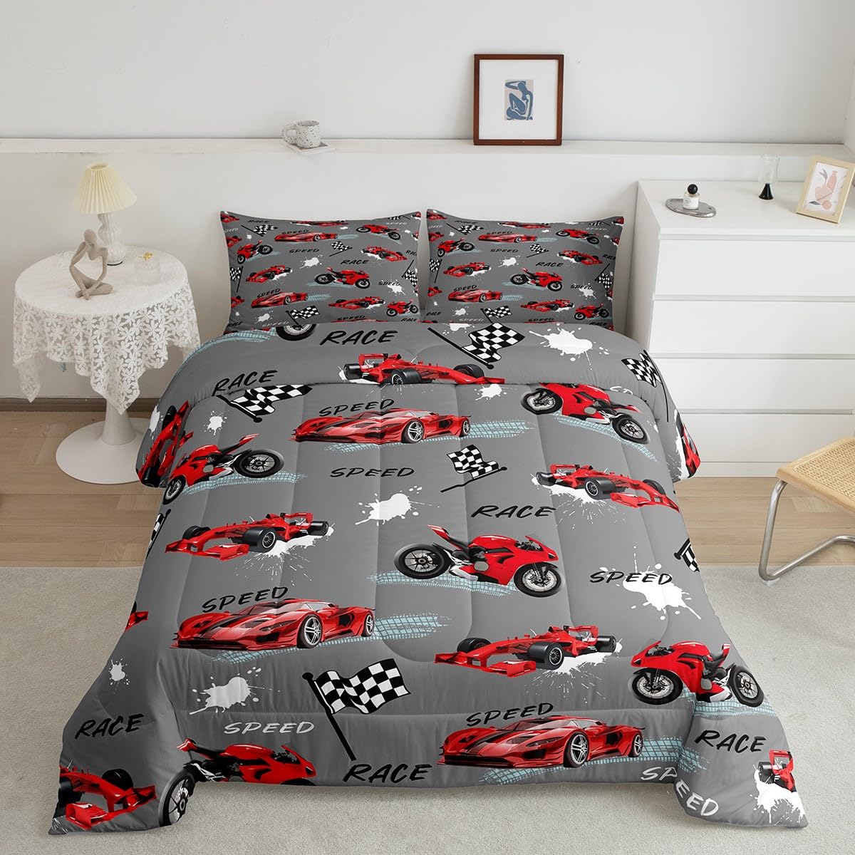 Feelyou Kids Red Grey Race Car Comforter Set Twin Size, Speed Sports Car Comforter Boys Girls Dirt Bike Motocross Bedding Set Racing Car Teens Duvet Set Bedroom Decor with 1 Pillow Case