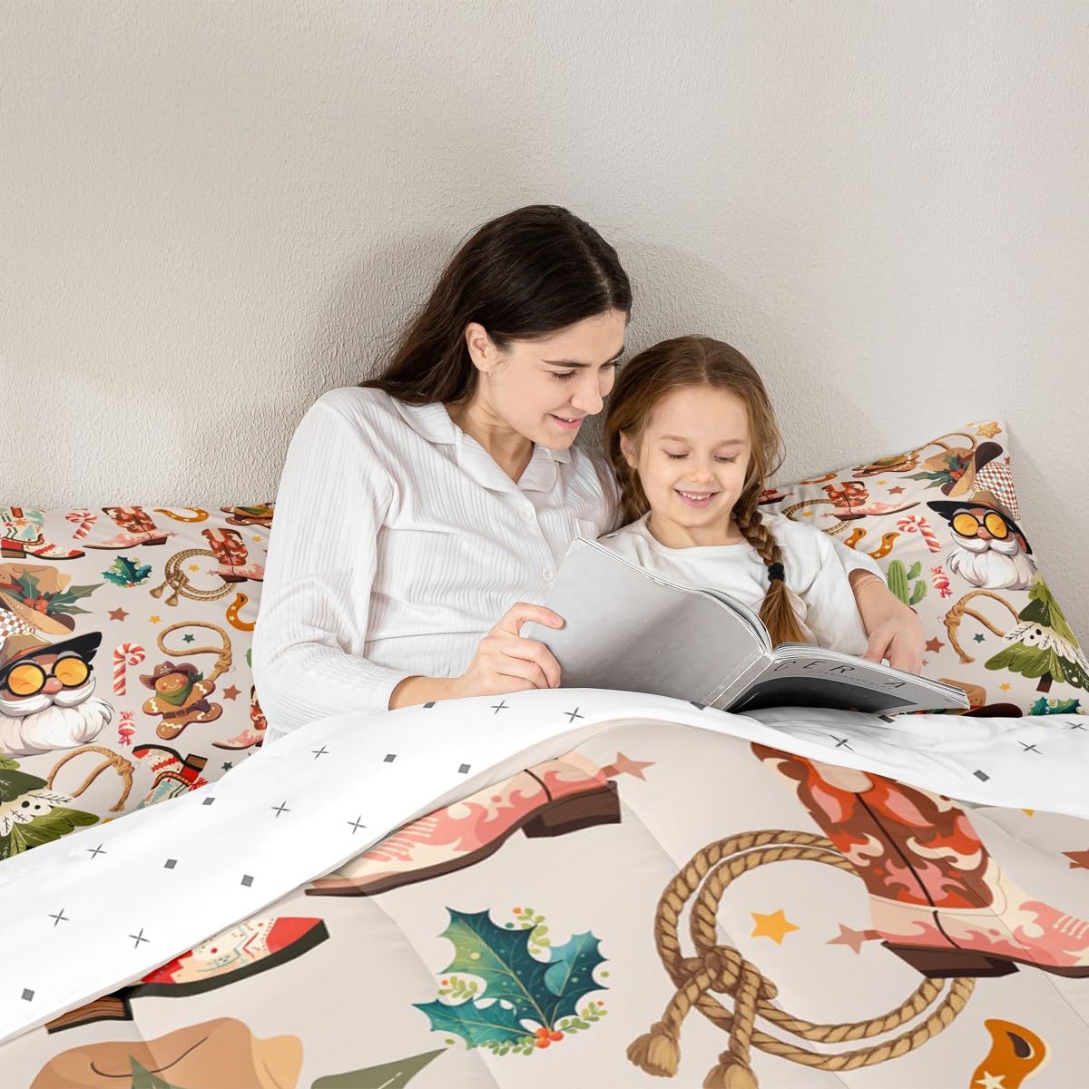 Feelyou Western Kids Comforter Set Full Size Merry Christmas Bedding Set Cowgirl Floral Duvet Quilt for Kids Boys Girls Bedroom Western Cowboy Boots Decor Wild West Cactus Flower Ultra Soft Breathable