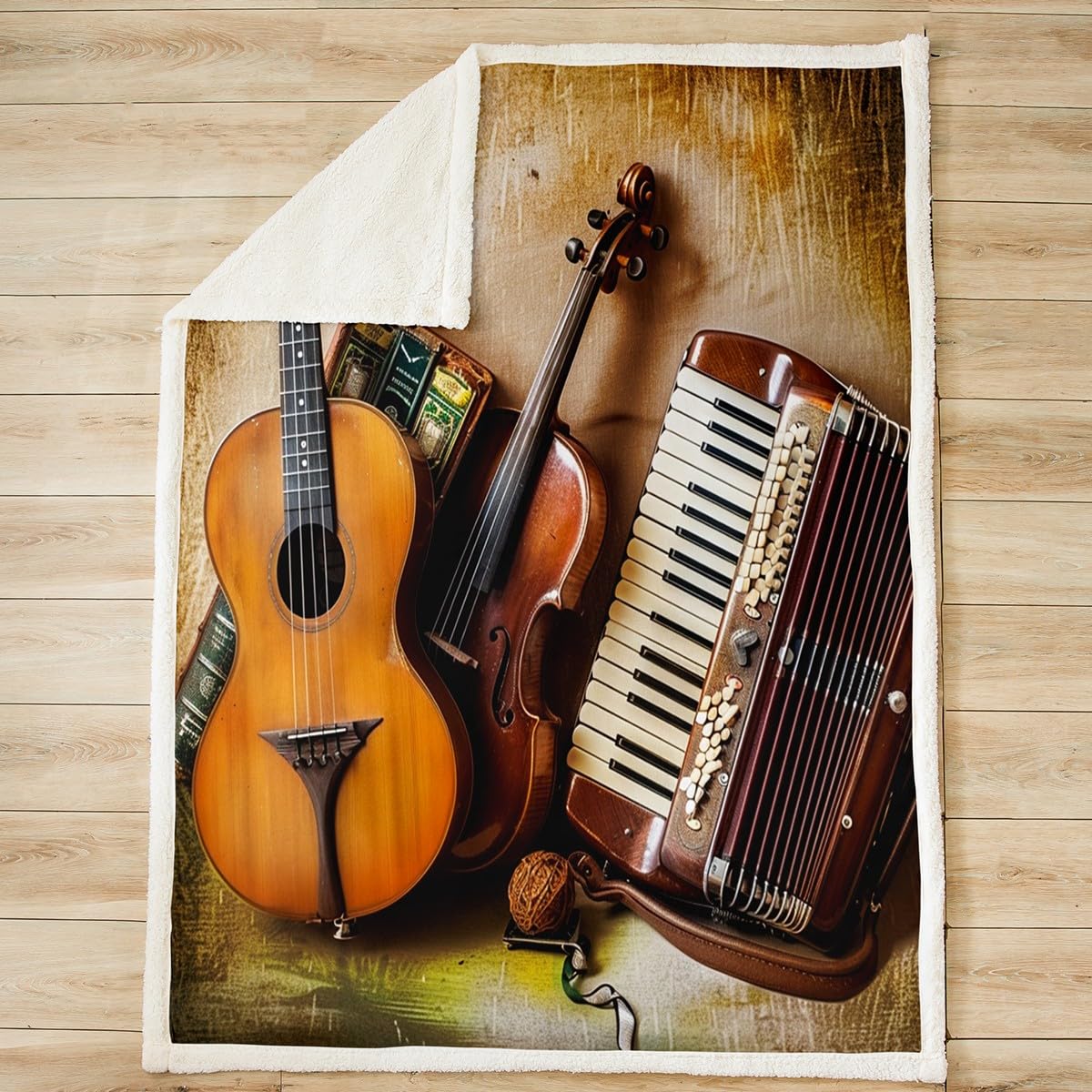 Feelyou Cello Accordion Fleece Sherpa Blanket for Bed Couch Chair - Ultra Soft Classical Musical Theme Throw With Guitar - Fuzzy Comfort Room Decor Reversible 50"x60"