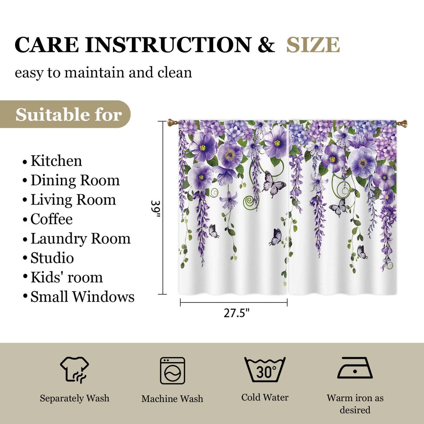 Cizuug Purple Floral Butterfly Lavender Kitchen Curtains Purple Floral Farmhouse Country Drapes Rod Pocket Spring Lilac Flower Summer Small Short Cafe Tier Curtain for Bathroom 2 Panels (27.5x39Inch)