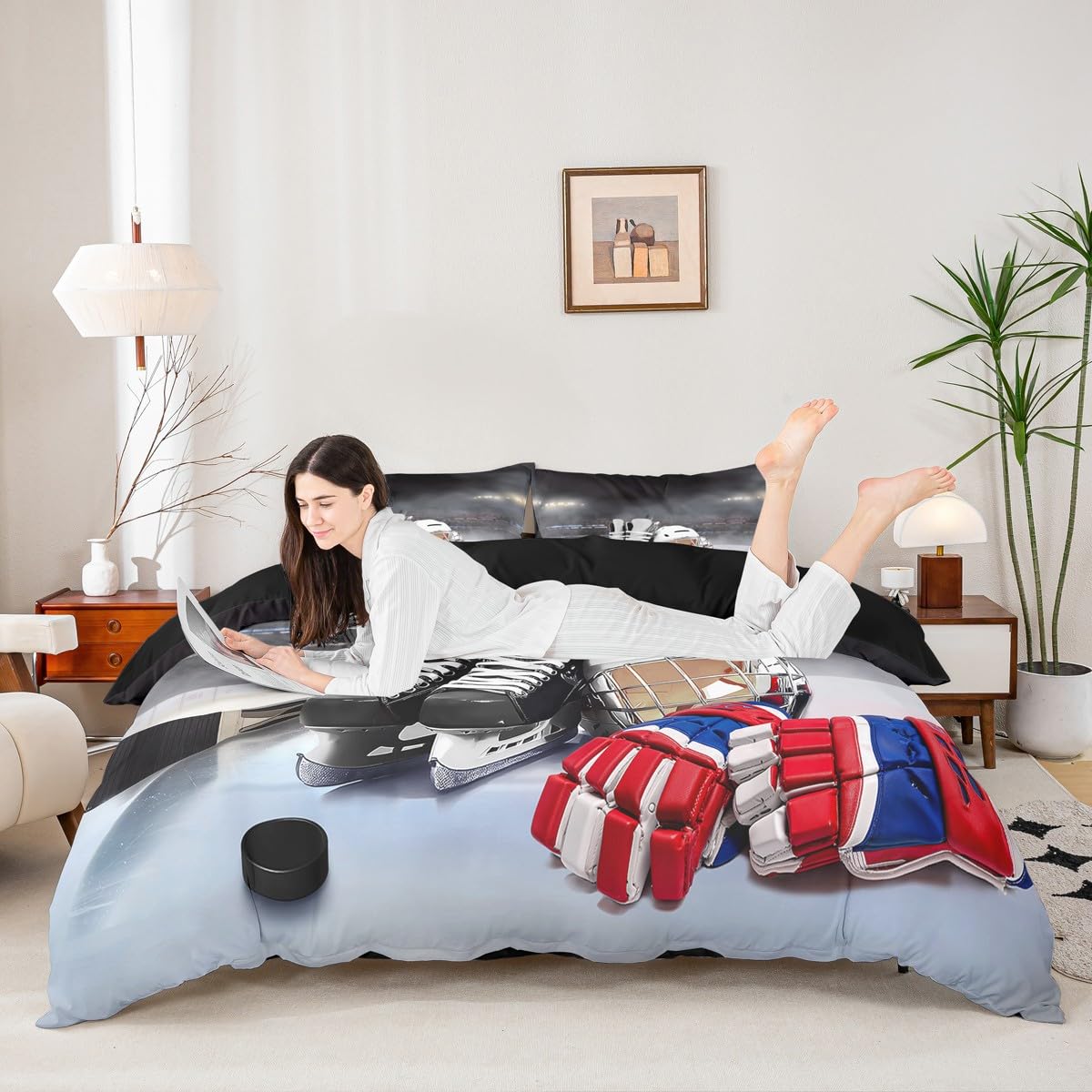 Erosebridal Ice Hockey Bedding Set Full Hockey Player Duvet Cover for Kids Boys Girls Teens Juvenile Sports Game Comforter Cover Set Soft Microfiber Winter Sports Bedroom Decorative, Zipper