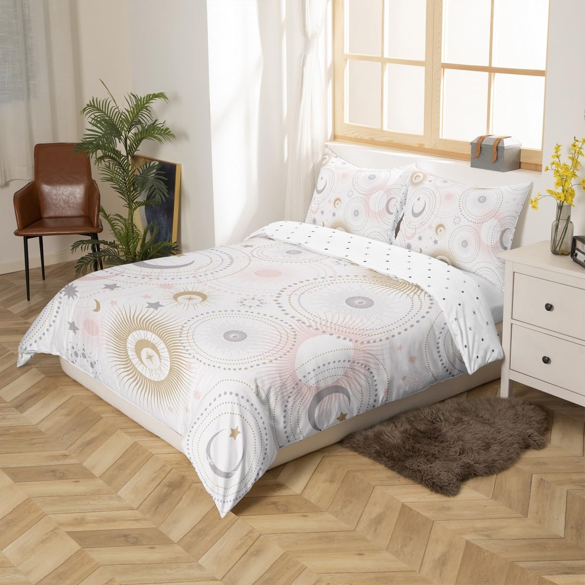 Stars and Moon Kids Duvet Cover Set Full Size,Pink Golden Grey Shiny Planets Comforter Cover with 2 Pillowcases,Romantic Galaxy Universe Bedding Set for Boys Girls Xmas Bedroom (No Comforter)