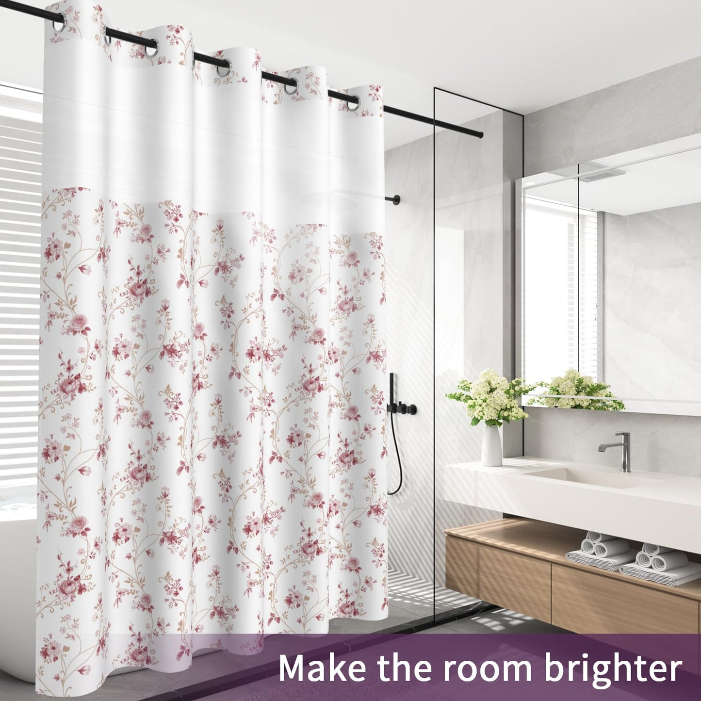 NAEMBCU Boho Floral No Hook Shower Curtain with Snap in Liner Set 71x74 in