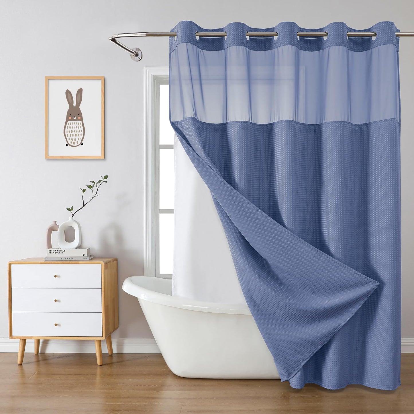 eachope MoonLightBlue No Hook Waffle Weave Shower Curtain with snap-in Liner Replacement, 230GSM Waterproof Fabric Hotel Shower Curtain Set for Bathroom, Through Mesh Top Window,71Wx74H