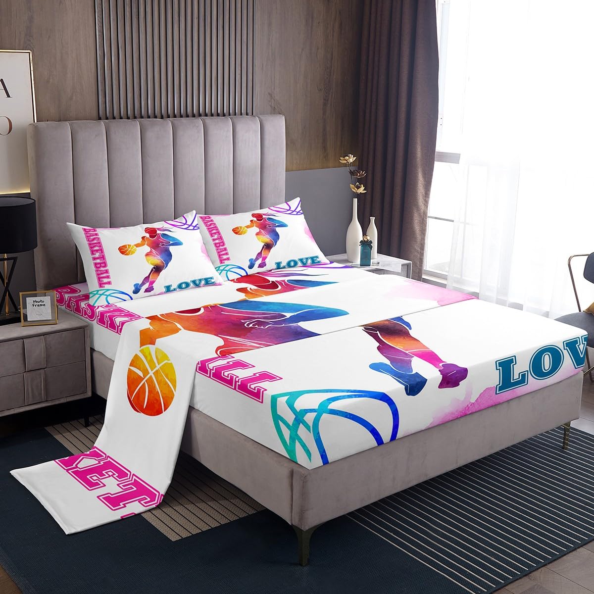 Basketball Lovers Kids Sheet Full Size,Modern Sports Games Competition Bedding Set,Girls Boys Adults Room Decor,Hand Painted Fashion Pink Purple Bed Sheet Set 4pcs(Fitted + Flat + 2 Pillowcases)
