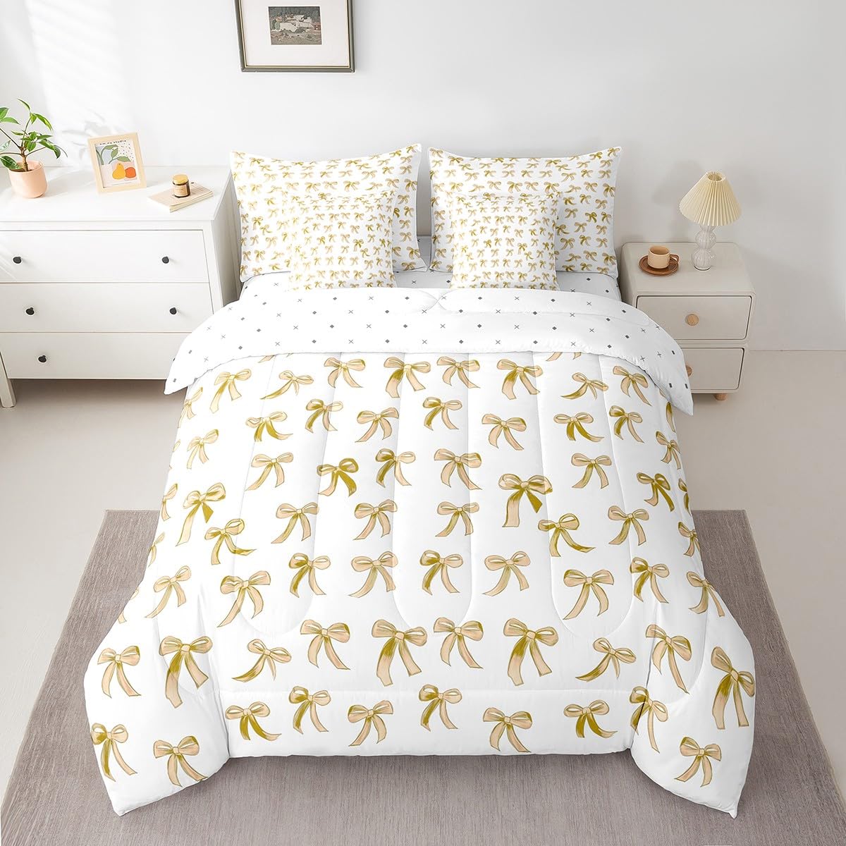 Erosebridal Yellow Bowknot Twin Comforter Set Bed in a Bag, Kawaii Dreamy Ribbon Reversible Bedding Sets for Kids Girls, Cartoon Bow Tie Printed Bedding Accessories for Bed, Cute Girly Bed Sheets Set