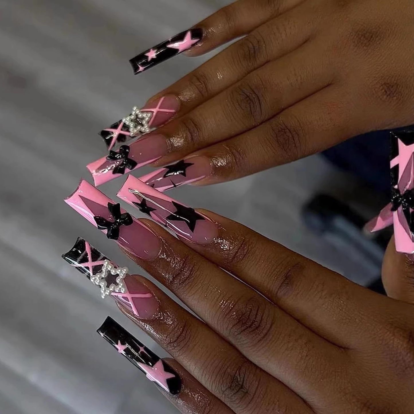 MISUD Press on Nails - Extra Long Square Fake Nails with French Tip, Acrylic Y2K Pink Black Star Bow Design 24 pcs