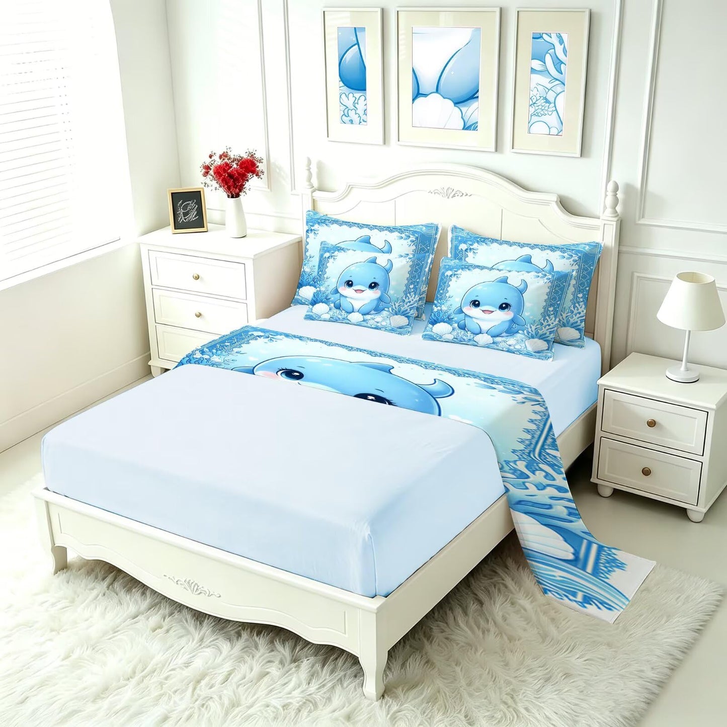 FUYEUN Dolphin King Comforter Set with Sheets for Kids Boys Girls Print 7 Pieces Cute Bedding Set Blue Cartoon Animal Bed in a Bag Princess Room Decor