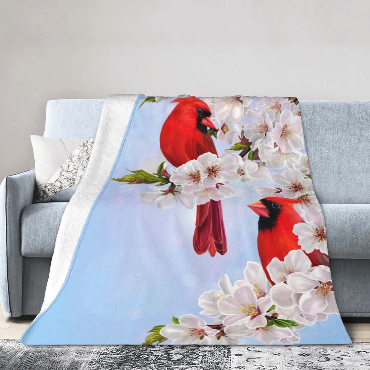 Perinsto Red Cardinal Birds and Cherry Flowers Throw Blanket Ultra Soft Warm All Season Decorative Fleece Blankets for Bed Chair Car Sofa Couch Bedroom 50"X40"