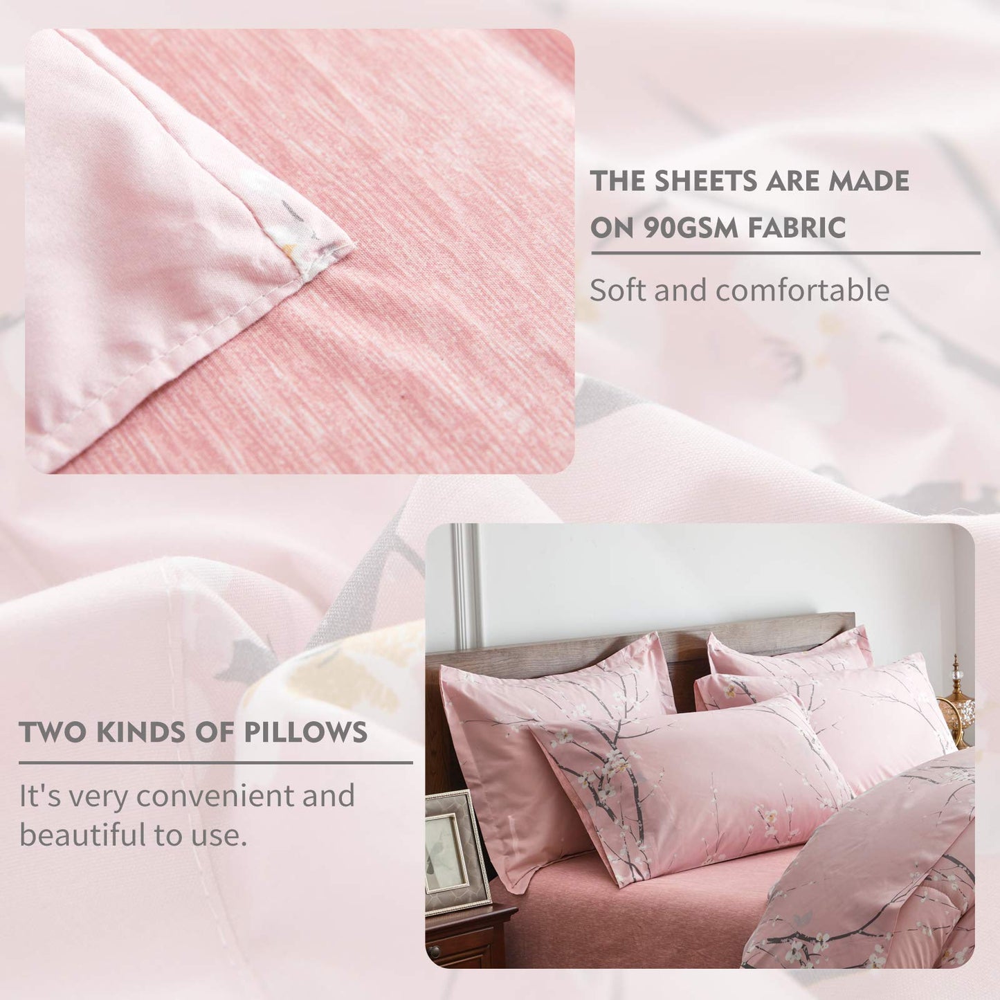 AIKASY Bed in a Bag 7 Pieces King Size - Floral Print - Soft Microfiber, Reversible Bed Comforter Set (1 Comforter, 2 Pillow Shams, 1 Flat Sheet, 1 Fitted Sheet, 2 Pillowcases)（Pink, King）