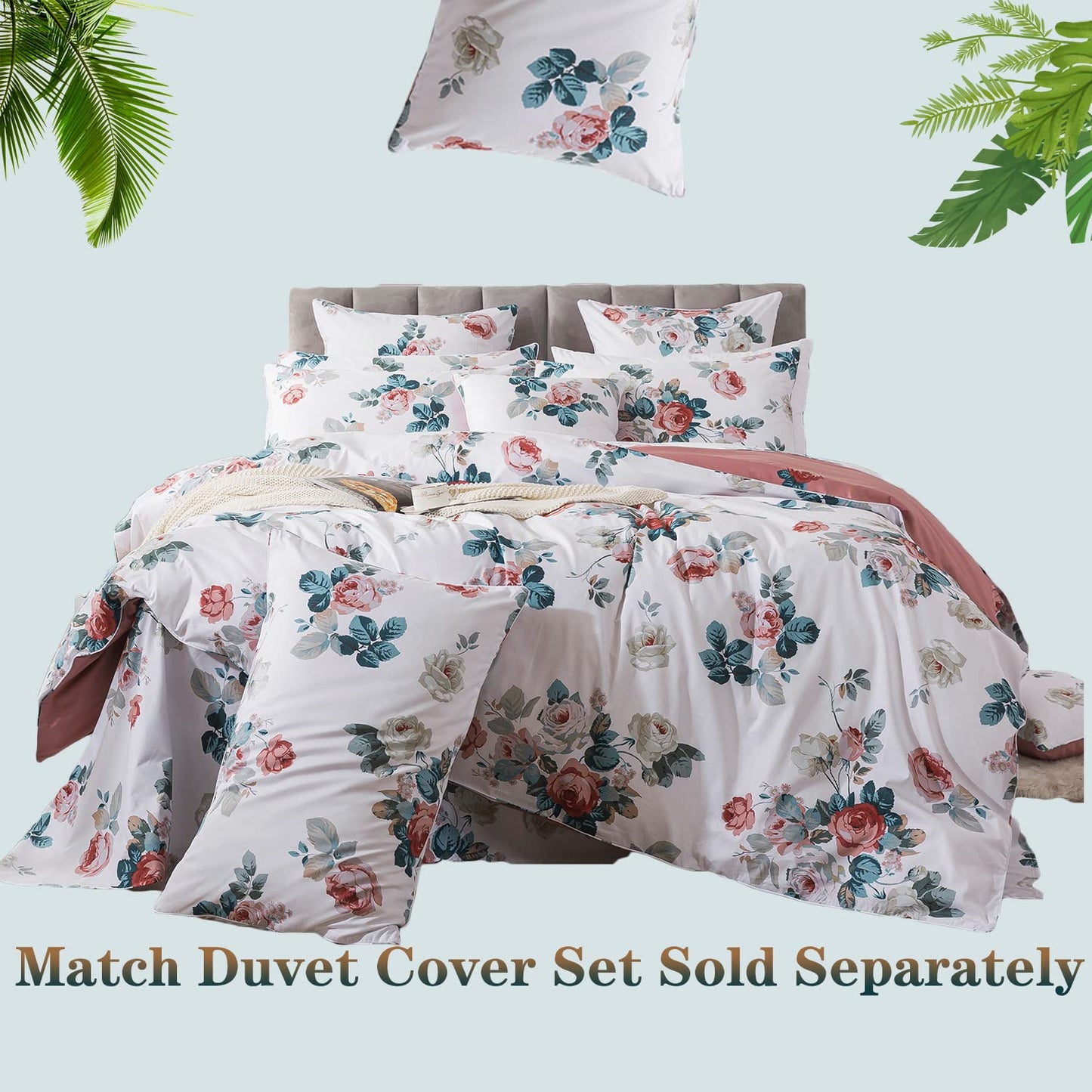 FADFAY Floral Cotton Sheets Queen 100% Cotton Flower Bed Sheets Pink White Dark Blue Leaf Print Shabby Vintage Sheet Set Chic Farmhouse Bedding Soft Crisp Breathable Deep Pocket Fitted Sheet 4Pcs