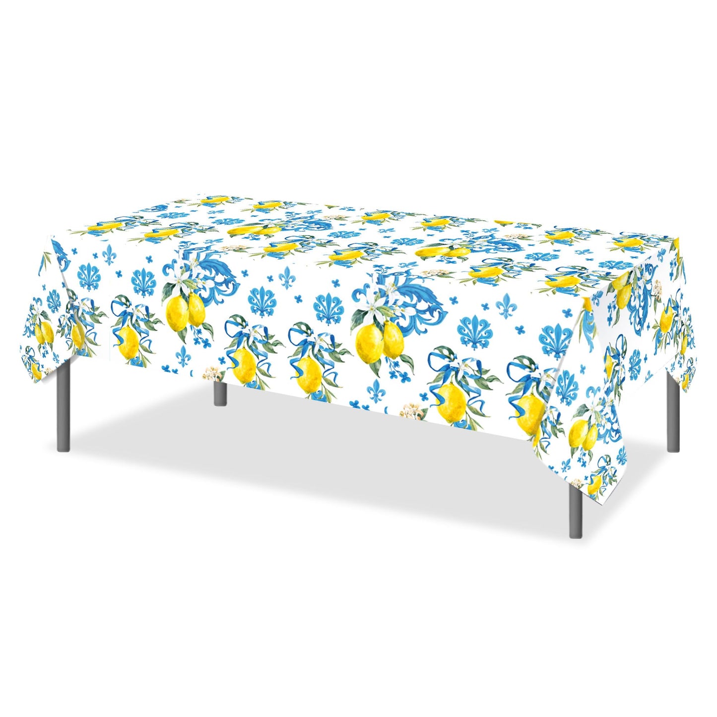 CC HOME 1Pc Blue and White Porcelain Lemon Party Plastic Tablecloth 54 x 87 Inch Long Table Cover, Chinese Style Classical Party Tablecover for Summer Baby Shower Birthday Dinner Picnic Kitchen Event