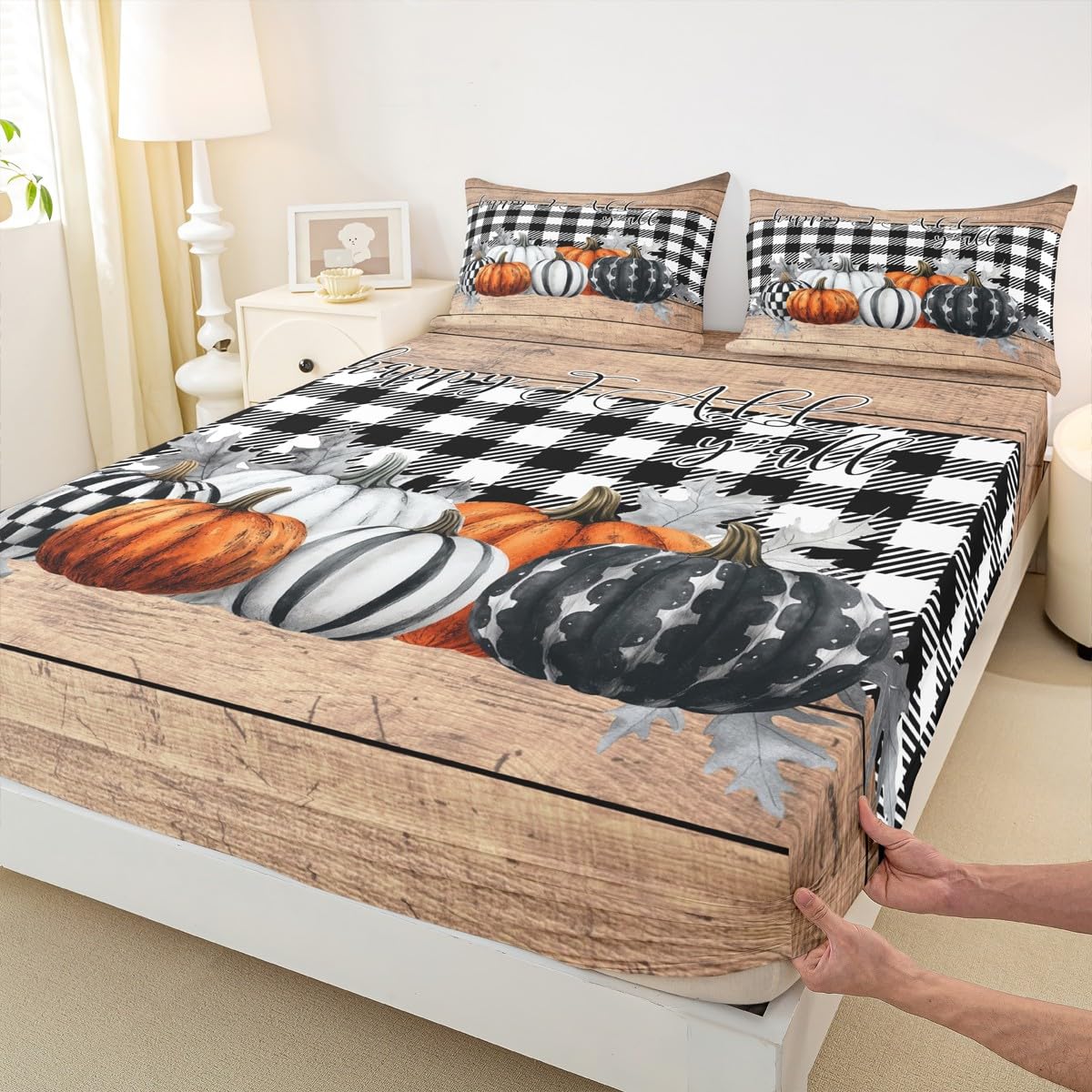 Fall Pumpkins Bed Sheets Queen Rustic Farmhouse Thanksgiving Theme Beddig Set Black White Buffalo Plaid Fitted Sheet Happy Autumn Fall Sheet Set Wooden Board Flat Sheet 2 Pillow Cases Home Room Decor