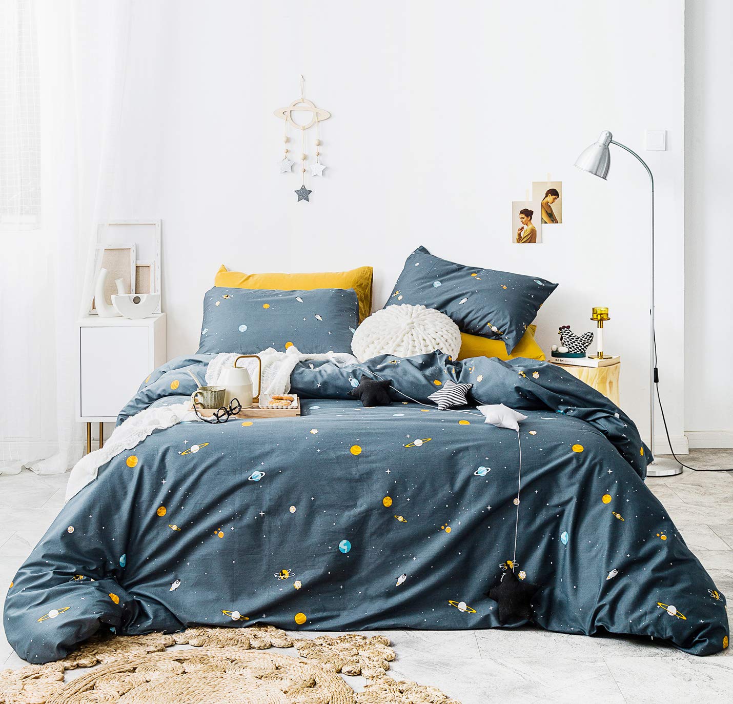 YuHeGuoJi Teal Space Duvet Cover Queen 100% Cotton 3 Pcs Set 1 Cartoon Yellow Blue Galaxy Duvet Cover with Zipper Ties 2 Pillowcases Modern Celestial Planet White Stars Bedding Set Soft