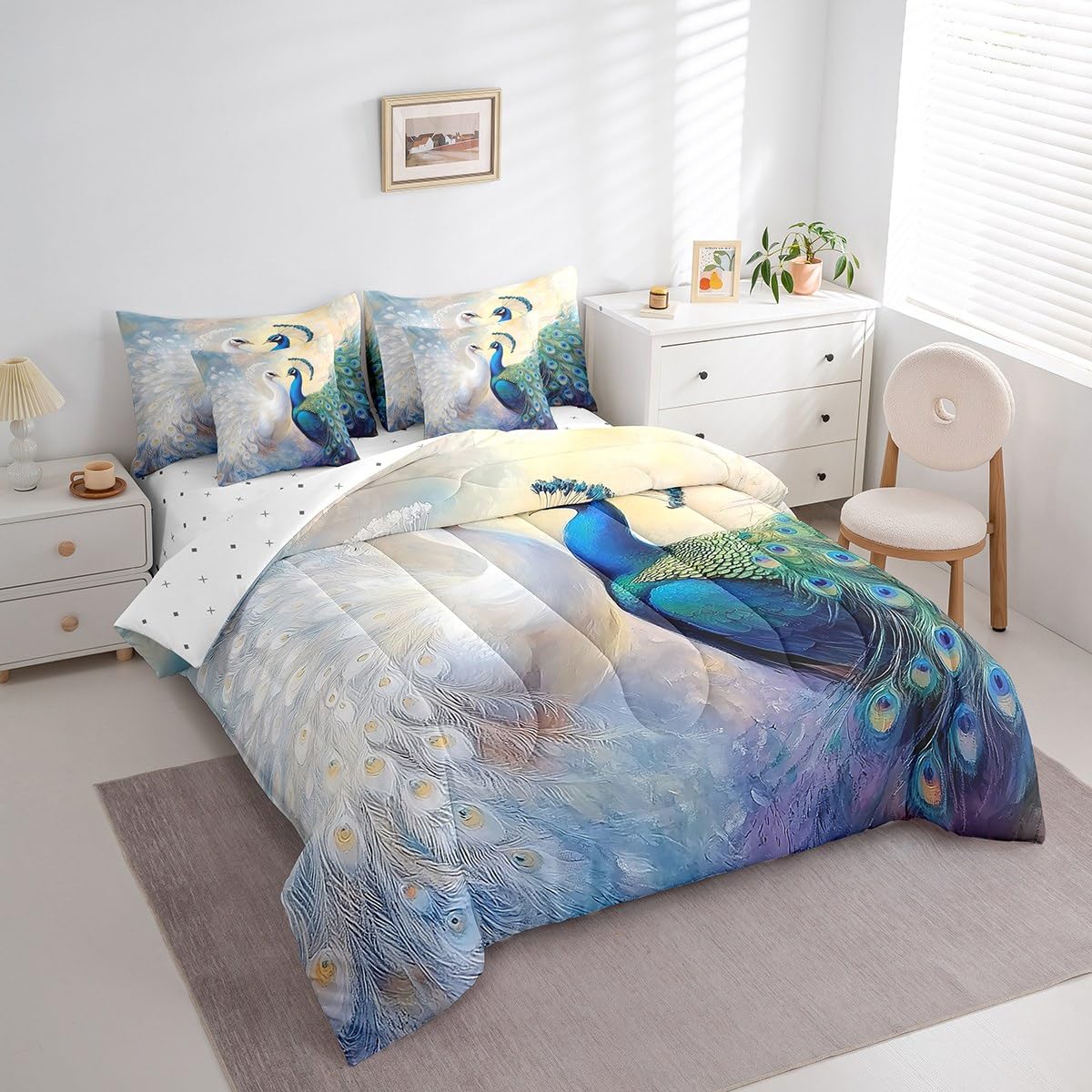 Erosebridal Peacock Couple Bedding Set for Kids Teens,Couple Lover Comforter Set King Size,Elegant Birds (Comforter+Fitted+Flat Sheet+2 Pillowcases+2 Throw Pillow Covers) 7 Pieces Bed Set