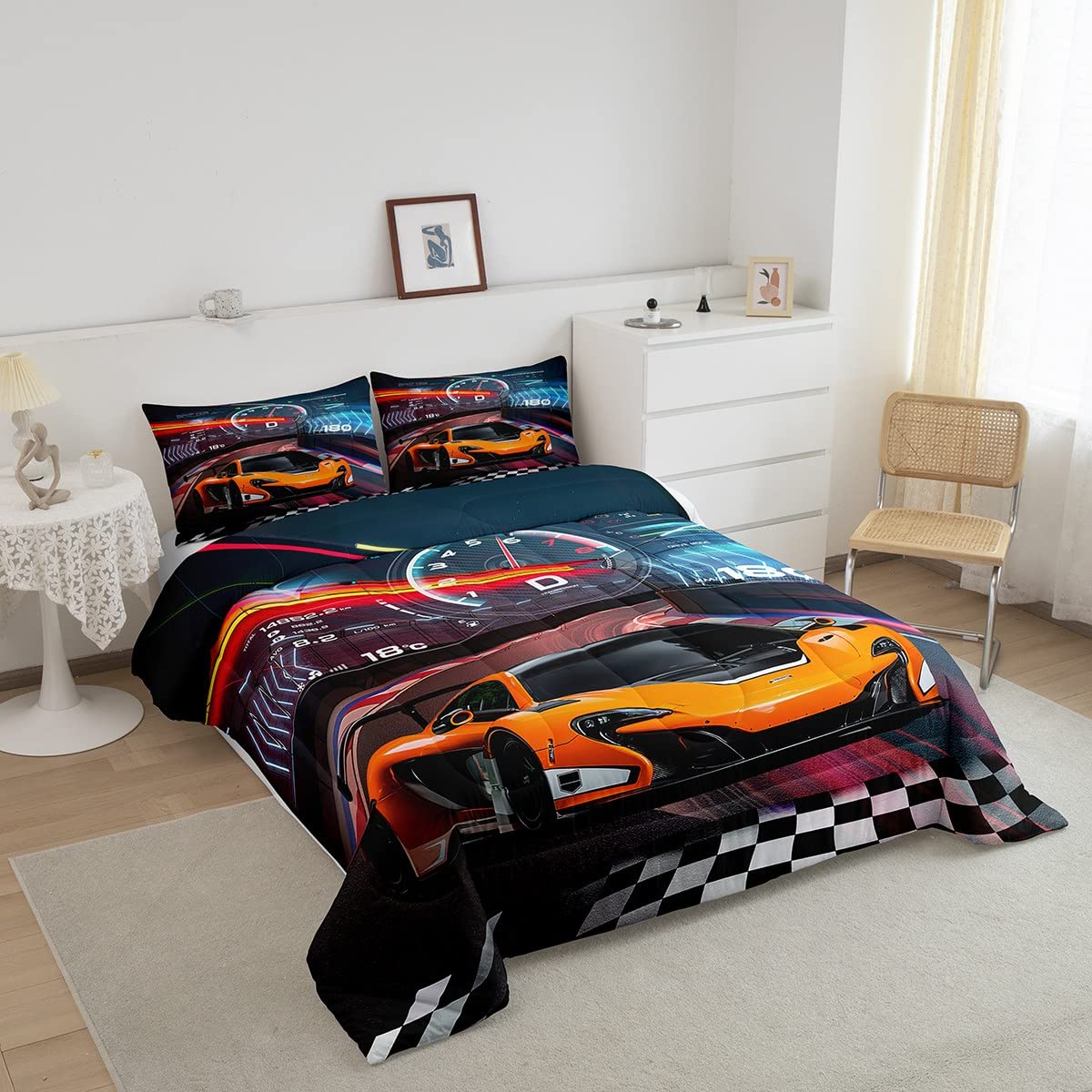 Feelyou Race Car Bedding Set Boys Extreme Sports Comforter Set for Kids Boys Cool Car Comforter Car Sports Quilt Set 1 Comforter Set with 2 Pillowcases Full Size