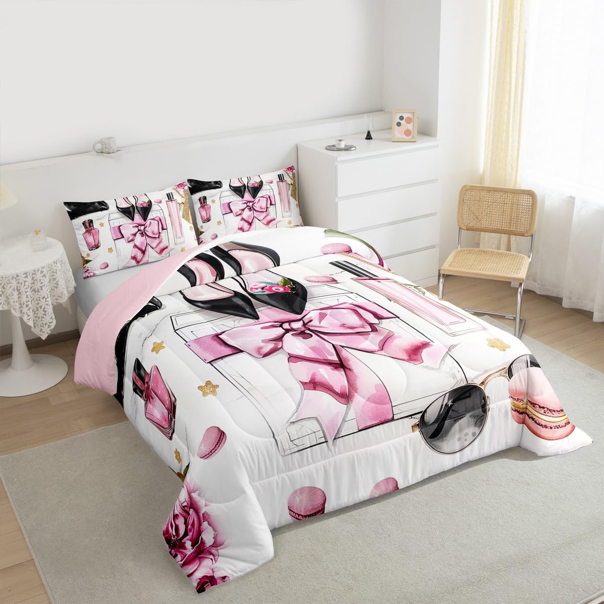 Erosebridal Pink King Bedding Set Girly Fashion Women Watercolor Coquette Bow Comforter Perfume Modern Pretty Magazine Book Quilt High Heels Makeup Duvet Insert for Girls