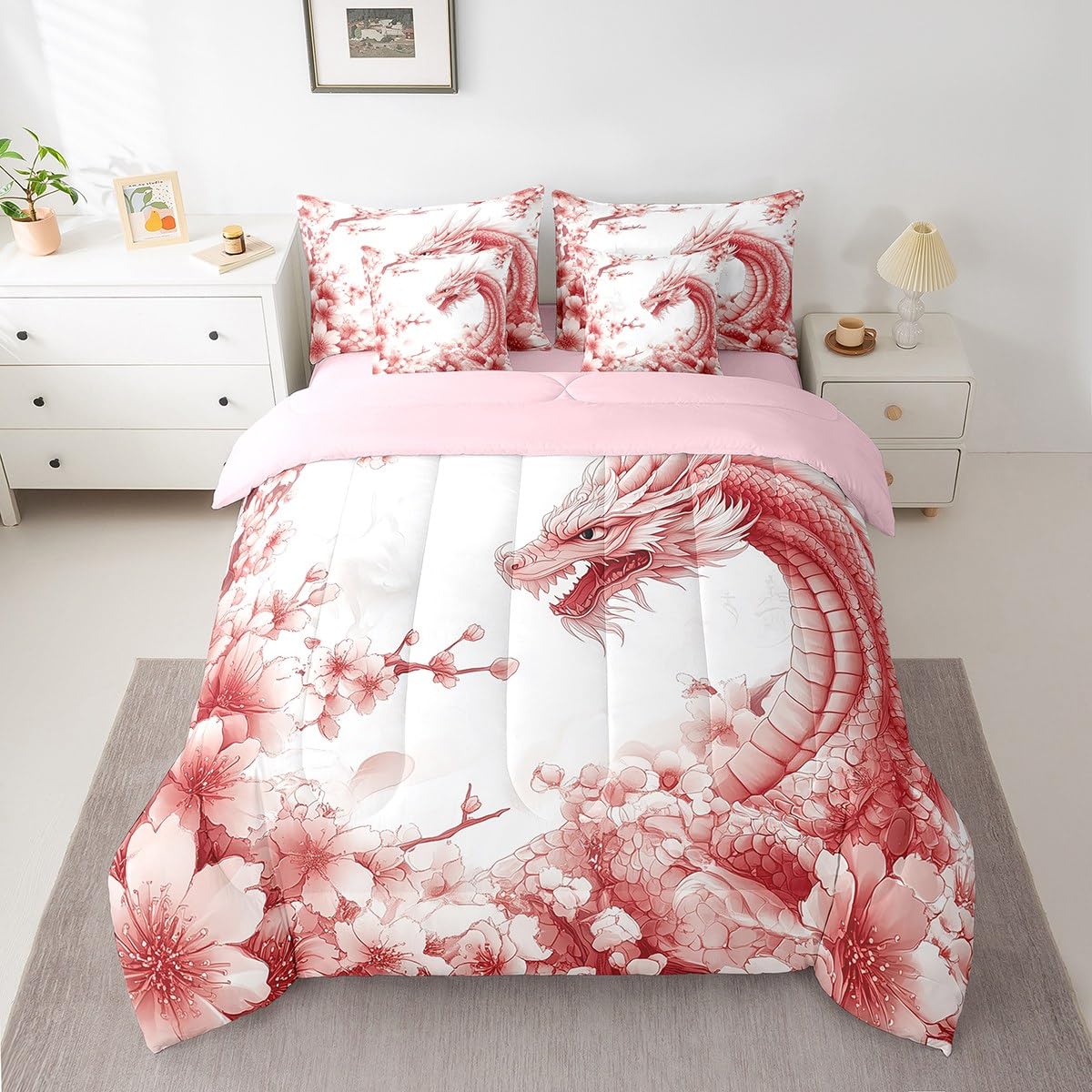 Erosebridal Fantasy Dragon Twin Comforter Set 7 Piece Magical Dragon Bed in A Bag Mysterious Wildlife Animal Bedding Set for Kids Boys Girls,Romantic Cherry Blossom Sheet Set with Comforter