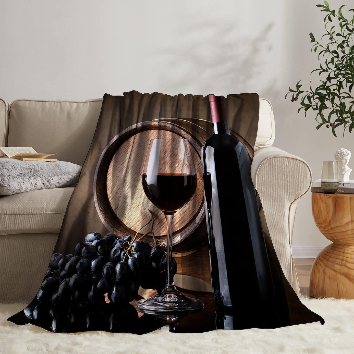 Wine Blanket 40" x 50" Glass Grape Fruit Barrel Romantic Burgundy Brown Super Soft Bedding Fleece Throw Blanket Microfiber Flannel Blankets Couch Sofa Warm Lightweight for Boys Girls
