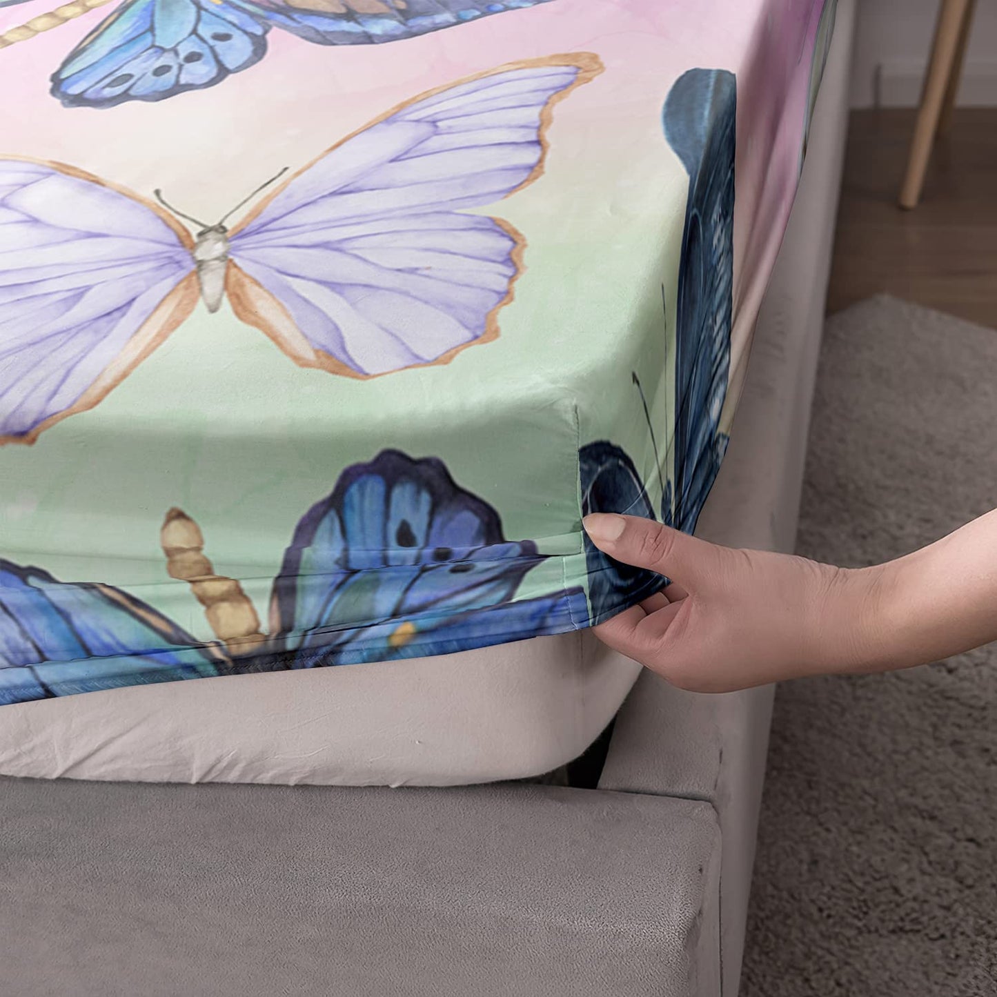 HOSIMA Butterfly Fitted Sheet Set for Girls & Boys, Rainbow Watercolor Tie Dye Coquette Bedding, Blue & Purple Butterfly Queen Size with 2 Pillowcases