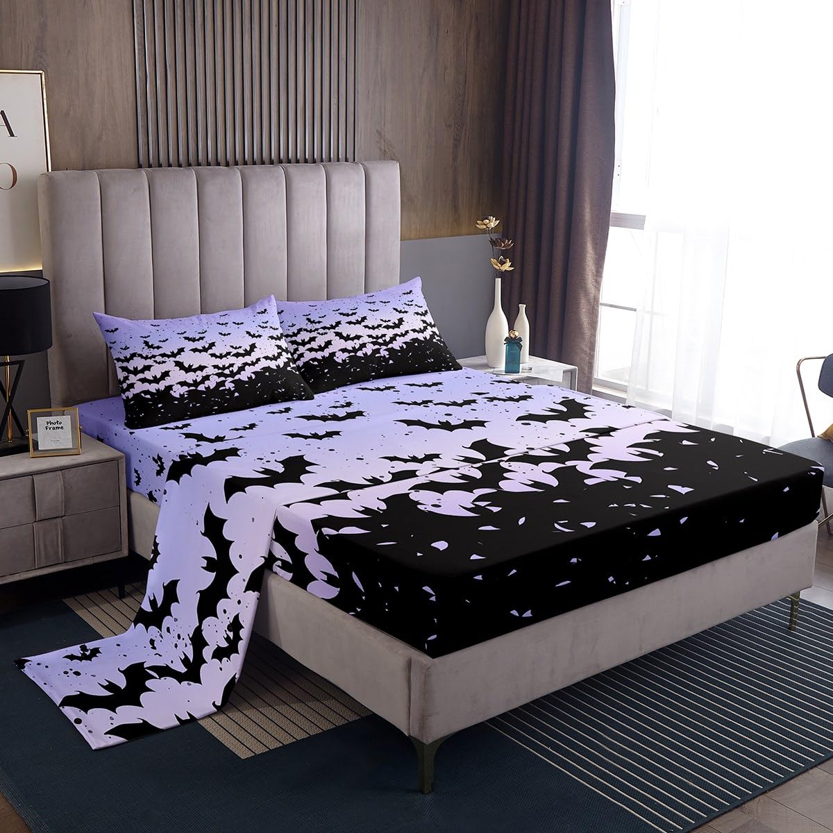 Happy Halloween Kids Sheet Full Size,Black Bats Gothic Chic Bedding Set,Boys Girls Adults Room Decor,Blue Purple Ombre Romantic Simple Style Bed Sheet Set 4pcs(Fitted + Flat + 2 Pillowcases)