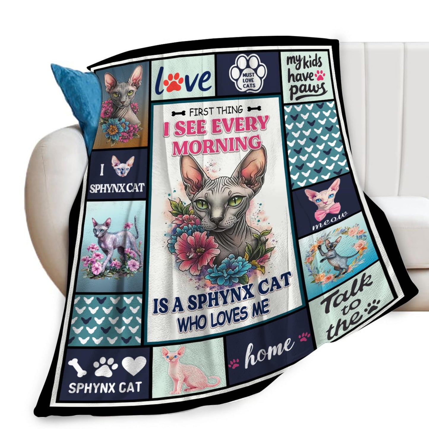 Lovira Sphynx Cat Throw Blanket Hairless Cat Print Throw Blankets Gifts for Couch Sofa Bed Stuff Decor Soft Cozy Fleece Plush Warm Flannel Bedding for Lover Men Women Boys Girls 40"x50"