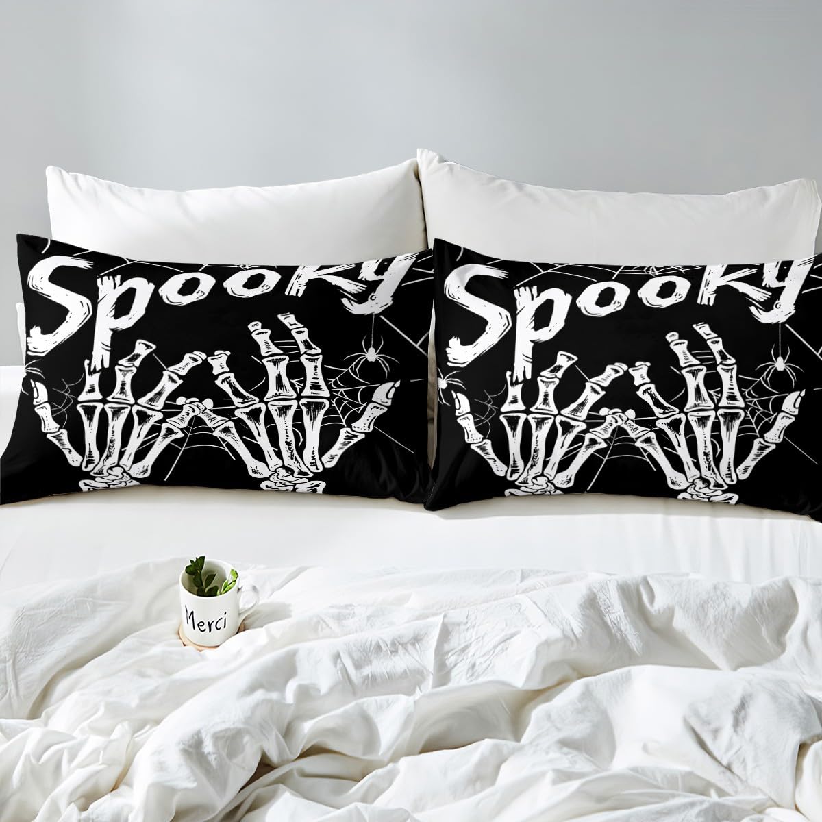 Feelyou Halloween Decor Bed Sheets Set Full Size Skeleton Bones Bed Set Gothic Deep Pocket Fitted Sheet Spider Web Breathable Soft Lightweight Microfiber