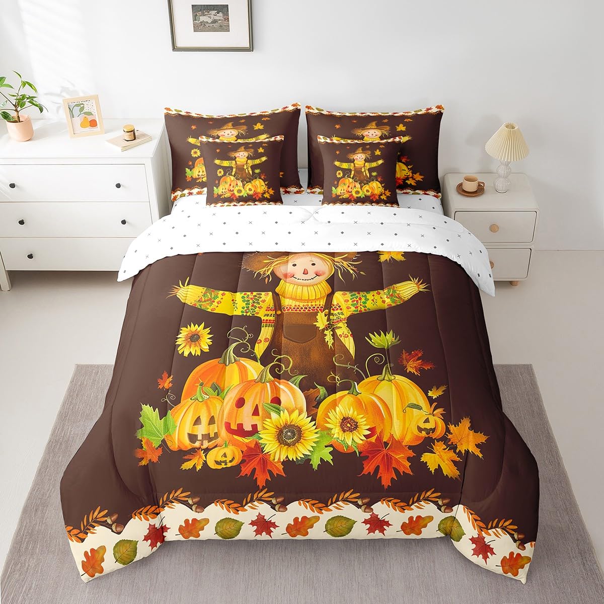 Erosebridal 7 Piece Fall Decor Bed in a Bag for Girls Women Thanksgiving Day Gifts,Autumn Harvest Themed Sheet Set Fall Season Bedding Comforter Rustic Farm Maple Leaf Pumpkin Cushion Covers Twin