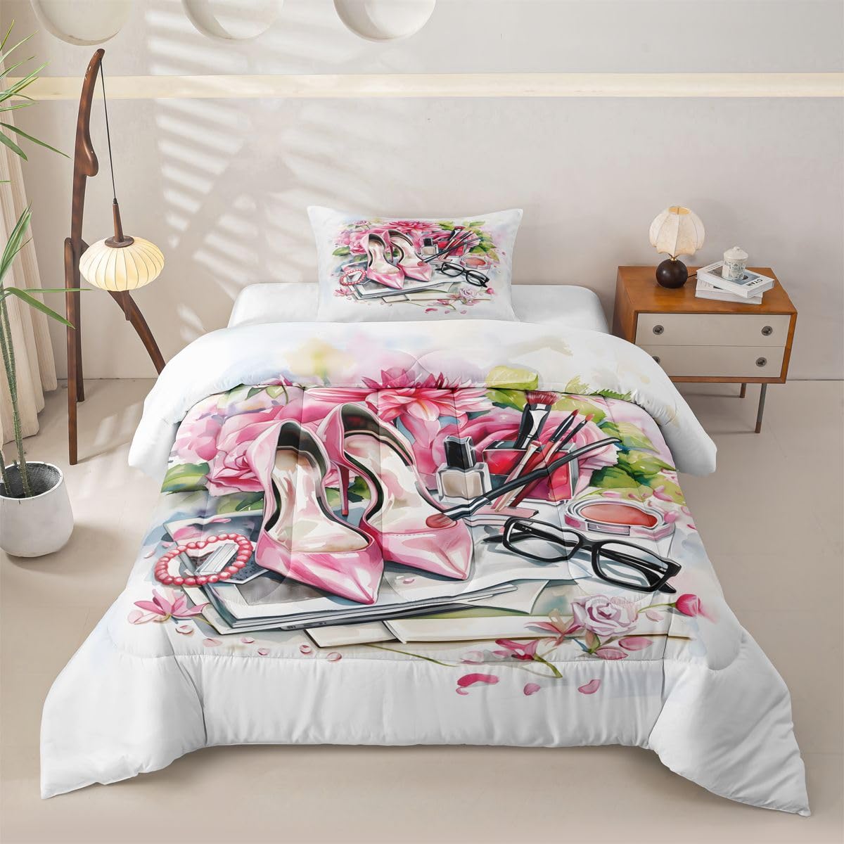 Erosebridal High Heel Comforter Set Rose Floral Twin Bedding Sets for Girls Children Boys Book Perfume Girly Coquette Comforter Fashion Makeup Theme Quilt