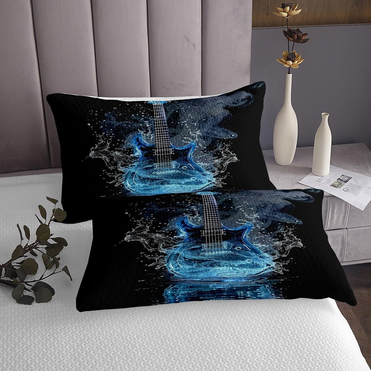 Homewish Music Guitar Bedding Sets King Size,Hip-pop Music Bedspread 3Pcs for Kids Girls Boys Adult Room Decor,Electronic Musical Quilt Comforter Blue Black Coverlet,2 Pillowcases