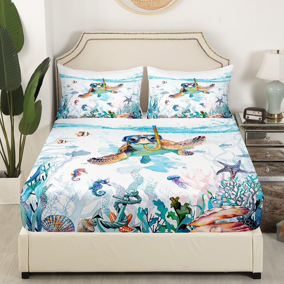 Feelyou Toddler Sea Turtle Bed Sheet Set Ocean Fitted Sheet for Kids Boys Girls Teens Room Decor Reptile Tortoise Bedding Set Twin Size Coastal Bed Cover Deep Pocket