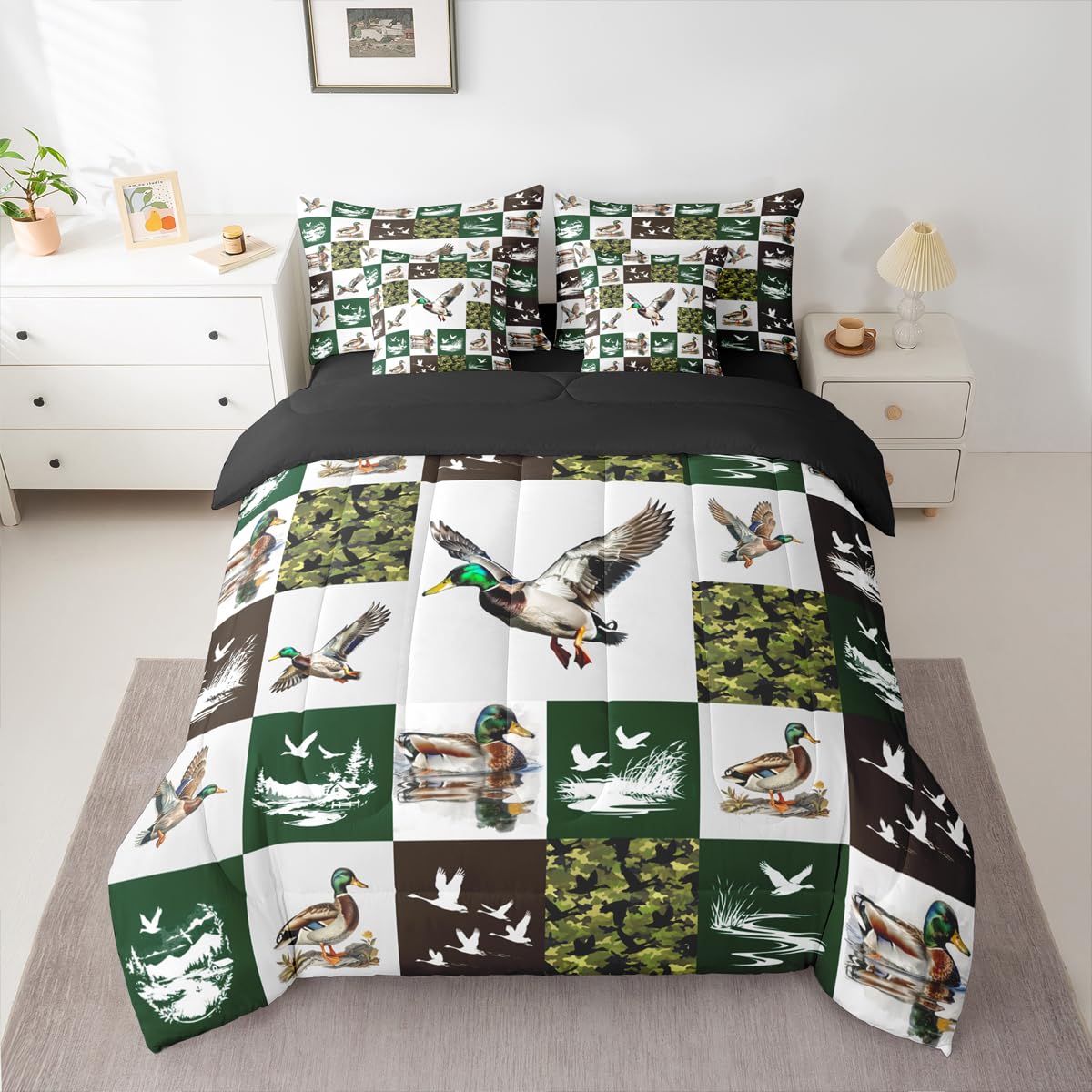 Erosebridal 7-Piece Mallard Duck Bedding Set Full Size for Kids - Camo Duck Comforter Set with Sheets Rustic Cabin Lodge Bed in A Bag with Flat Fitted Sheets Farmhouse Hunting and Fishing Quilt